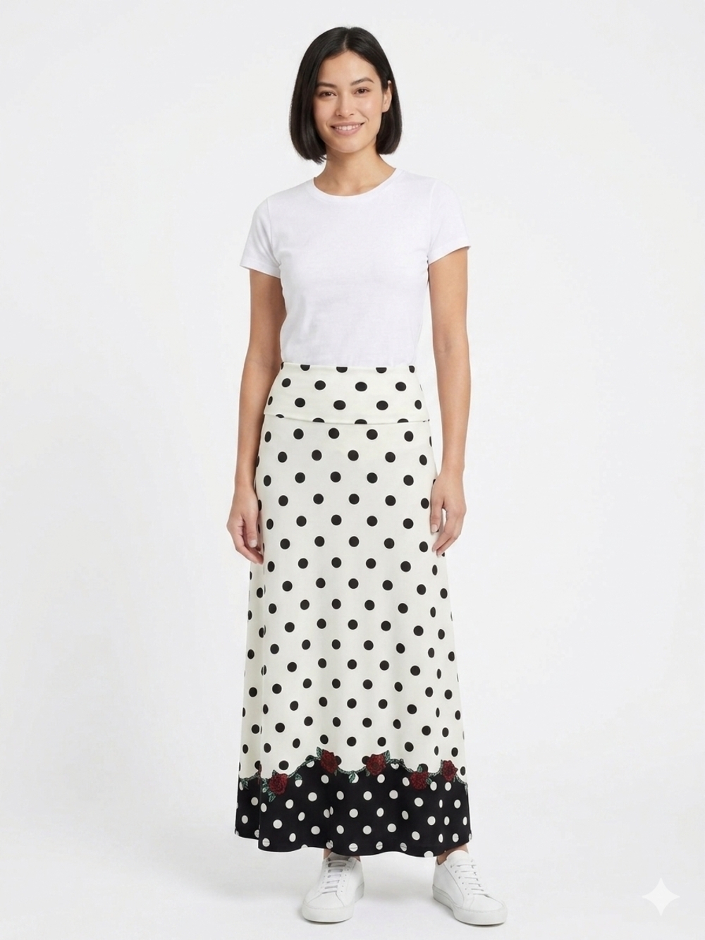 Polka Dot Maxi Skirt with Contrast Hem - White/Black
